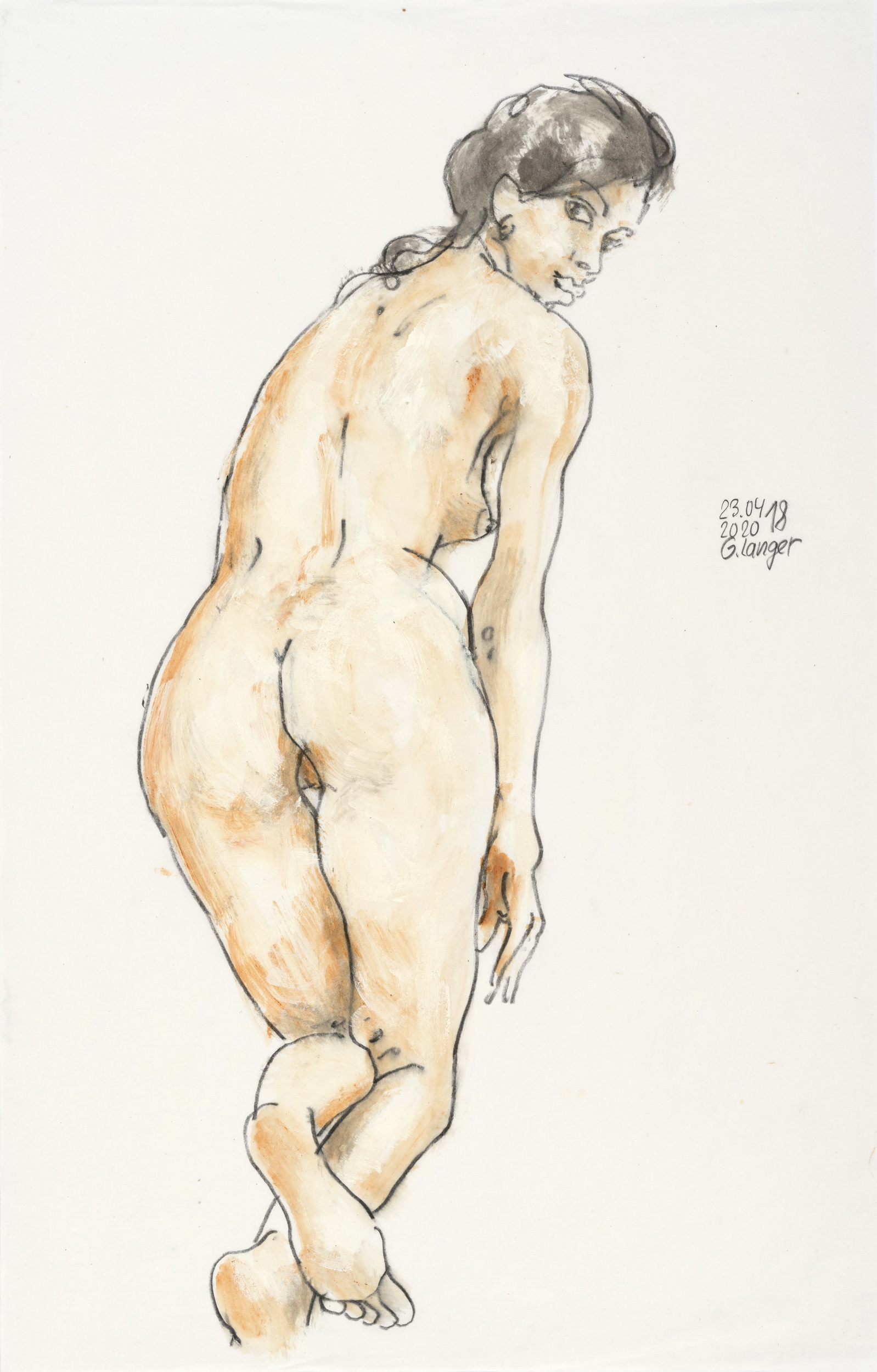 Gunter Langer, Kniendes nacktes Mädchen nach vorn übergebeugt, Rücken, 2020, Chinapapier, 72 x 46 cm